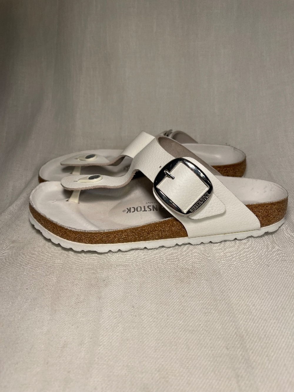 Birkenstock White Thong Sandals with Silver Buckles